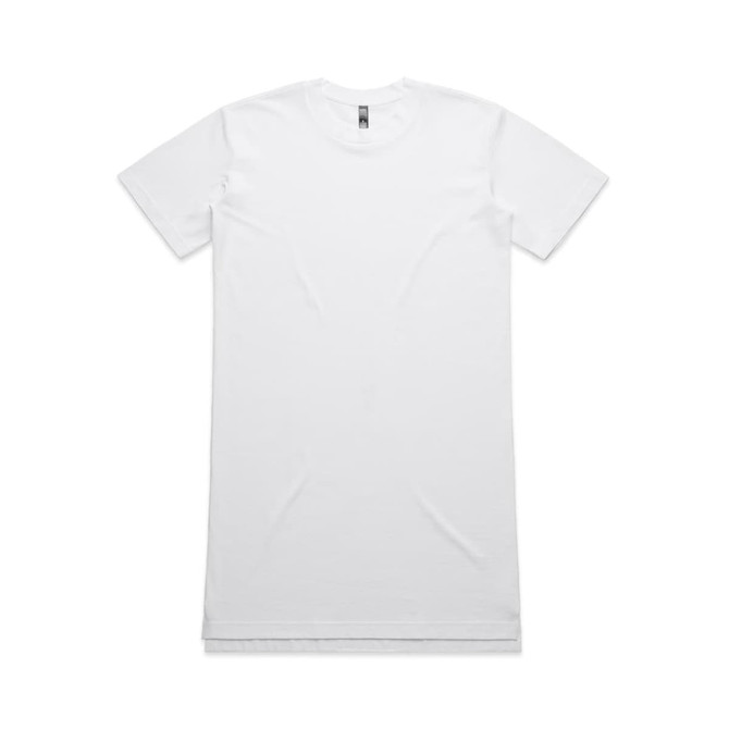 An oversized white T-shirt displayed flat, featuring a round neckline and short sleeves. It has a logo at the neck.