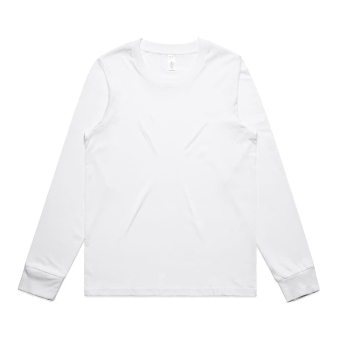 A long-sleeve white t-shirt with a simple design and a logo on the label.