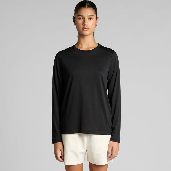 A black long-sleeve tee with a round neckline, featuring a logo on the front and a relaxed fit.