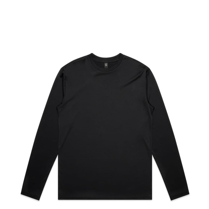 A black long-sleeve active T-shirt with a round neckline and a branding logo.