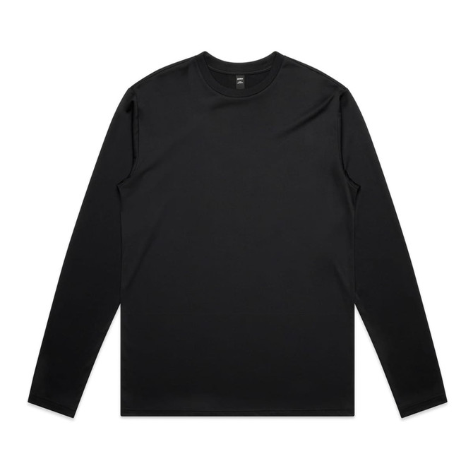 A black long-sleeve T-shirt featuring a simple design and a logo. It's made from activewear fabric.