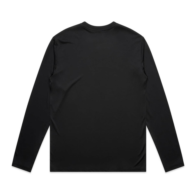 A black long-sleeve t-shirt with a smooth texture, featuring a logo on the back.