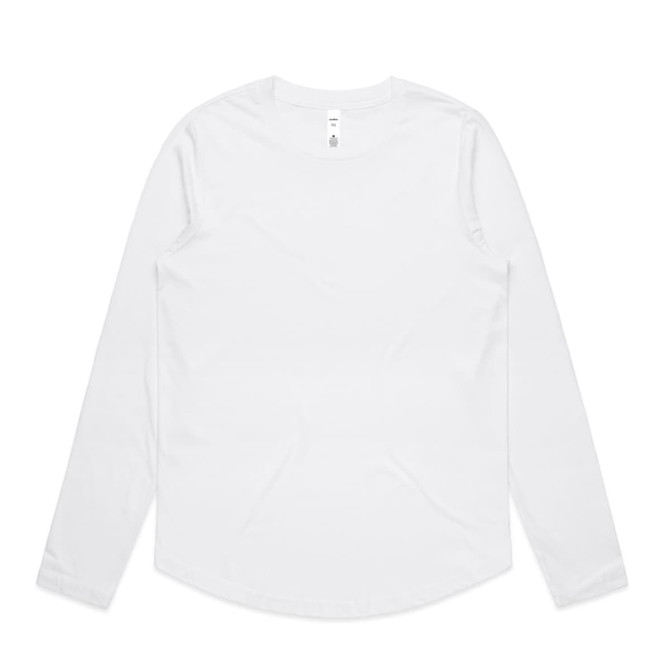 A long-sleeved white t-shirt featuring a round neckline and a subtle logo on the label.