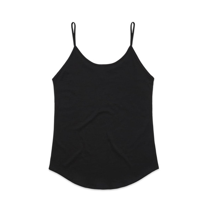 A black singlet with thin straps and a curved hem, featuring a logo.