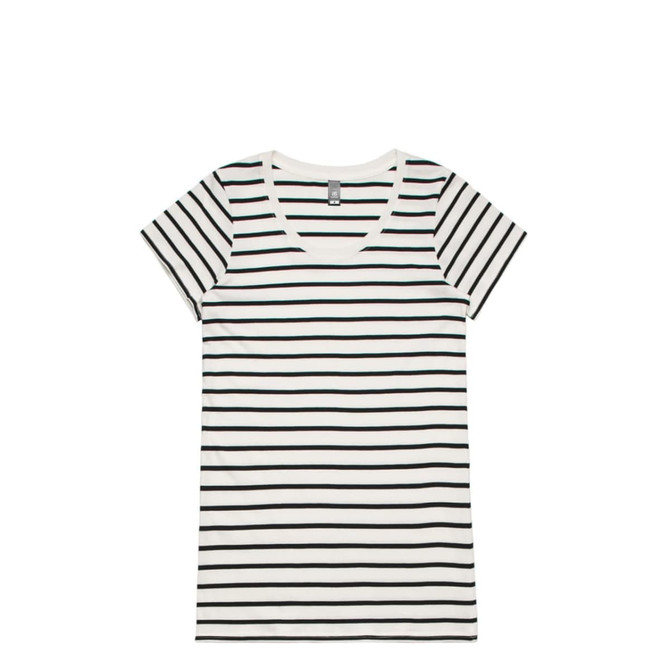 A striped tee in white with black stripes, featuring a v-neck and short sleeves. Includes a branding logo.