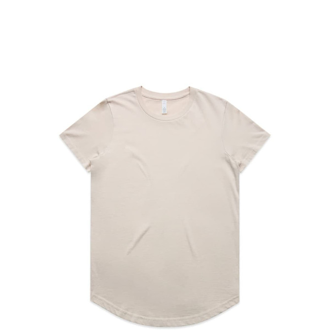 A light beige t-shirt with a rounded hem and short sleeves, featuring a logo on the label.