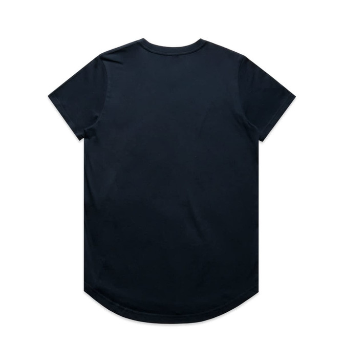 A black t-shirt featuring a round neck and short sleeves, with a curved hemline. It has a logo on the back.
