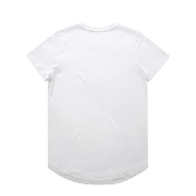 A plain white t-shirt with short sleeves and a rounded hem, featuring a logo on the back.