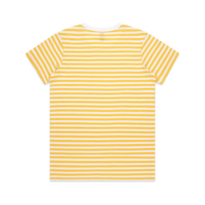 A short-sleeved t-shirt featuring horizontal yellow and white stripes, with a round neckline and minimal branding.