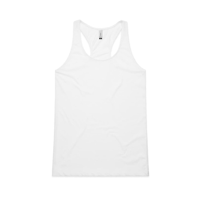 A white racerback singlet featuring a logo. The fabric is smooth and lightweight.