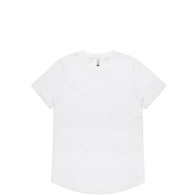 A white T-shirt with a round neck and short sleeves, featuring a logo on the back.