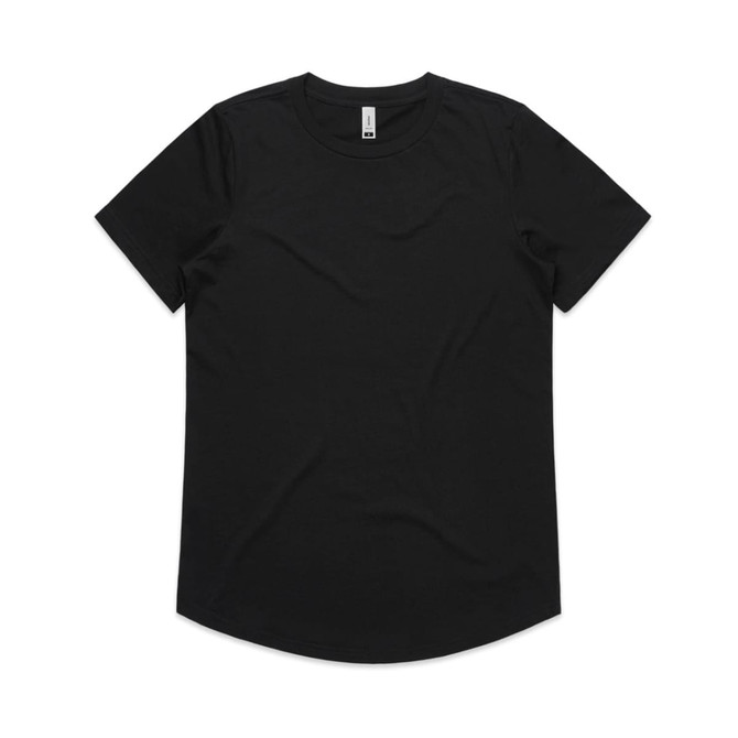 A black t-shirt with a round neckline and short sleeves, featuring a brand logo.