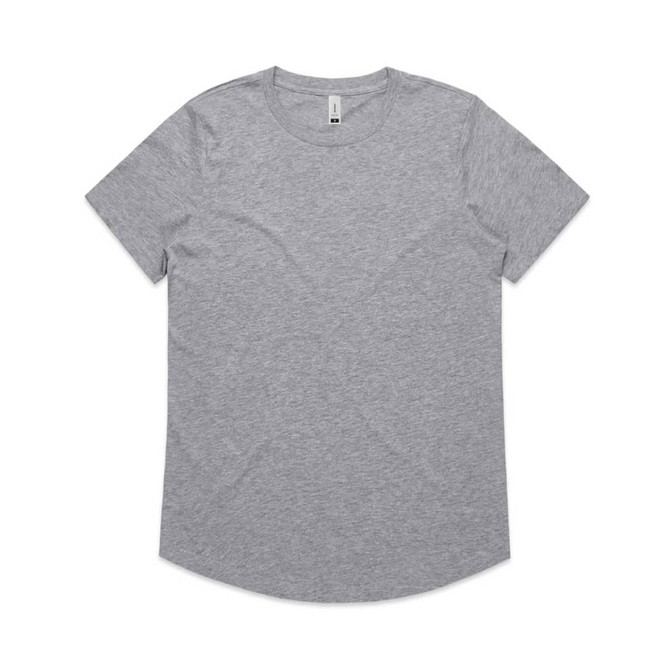 A grey T-shirt with a round neckline and short sleeves, featuring a small logo.