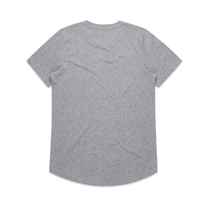 A grey short-sleeve T-shirt with a rounded hem and a logo on the back.
