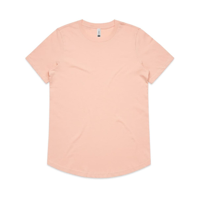A peach-coloured T-shirt with a round neck and short sleeves, featuring a logo.
