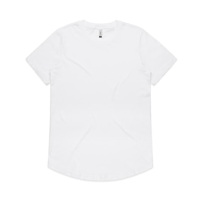 A plain white T-shirt with a rounded hem and a tag at the neckline, featuring a logo on the tag.