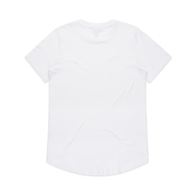 A white T-shirt featuring short sleeves and a rounded hem, with a logo on the back.