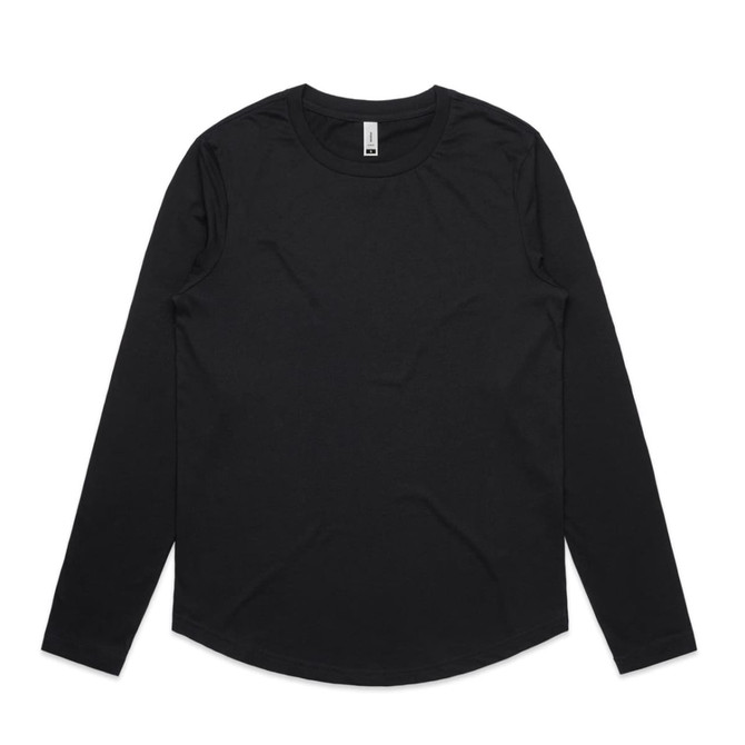 A black long-sleeve t-shirt with a round neckline and a logo on the label. 