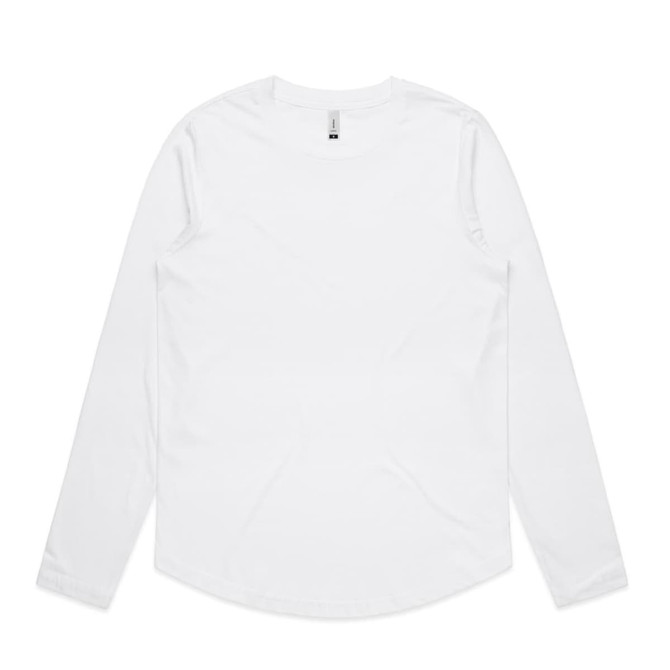 A long-sleeve white t-shirt with a rounded hem and a small logo on the collar.