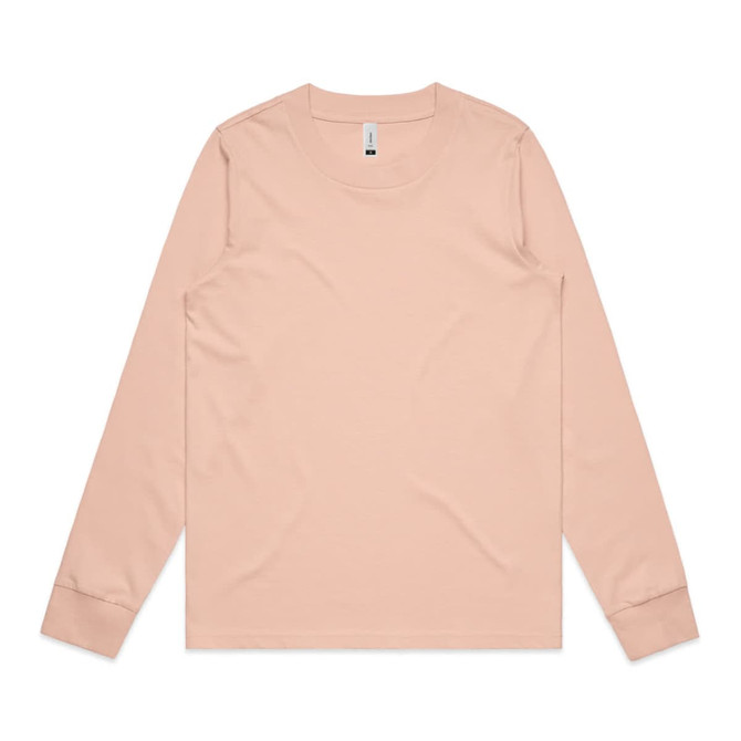 A light pink long-sleeve T-shirt with a simple design and logo.