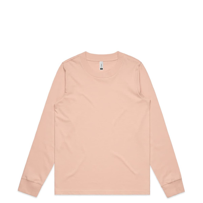 A long-sleeve t-shirt in a soft peach colour, featuring a plain design and a round neckline. It has branding on the tag.