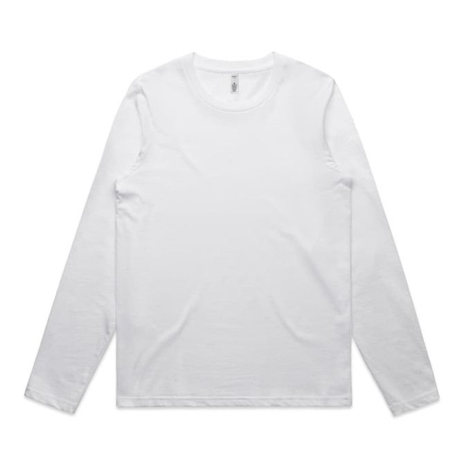 A long-sleeve white T-shirt with a round neckline and a branding logo.