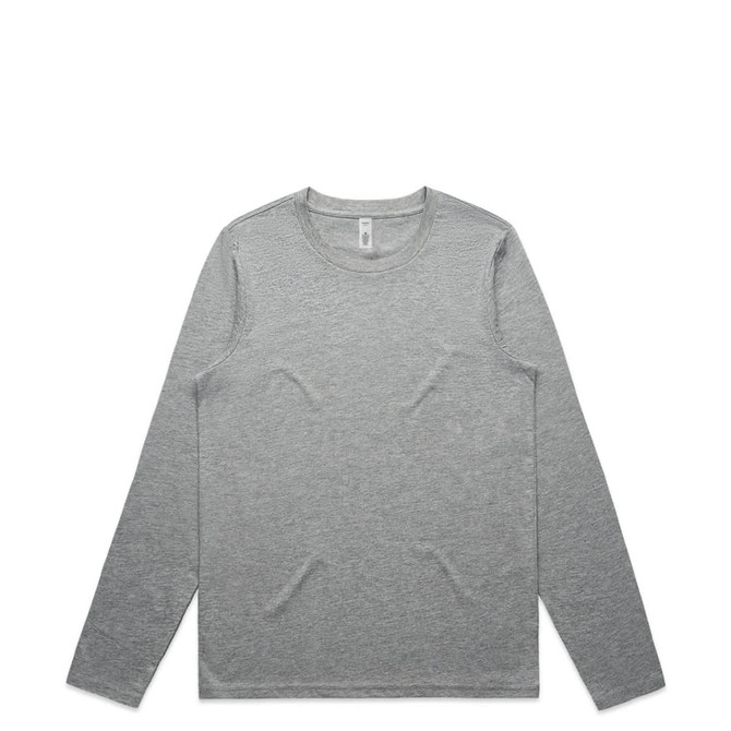 A light grey long-sleeved T-shirt with a simple design and a branding logo.