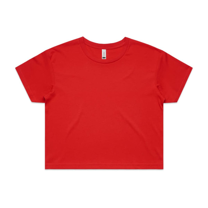 A red crop tee with a round neckline and short sleeves. It features a logo.