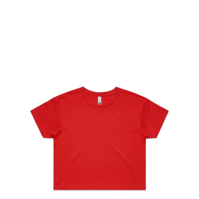 A red crop tee featuring a simple, short-sleeved design and a label inside the neckline.