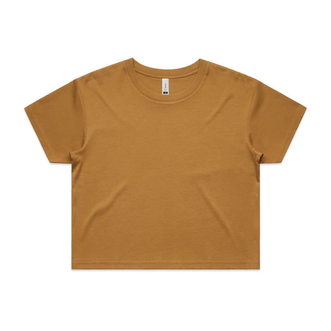A mustard yellow crop tee with a simple design and a small logo. Short sleeves and relaxed fit.