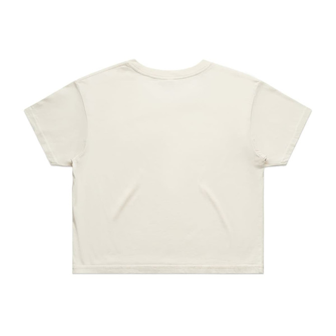 A light cream-coloured crop tee with short sleeves, featuring a plain back and a logo.