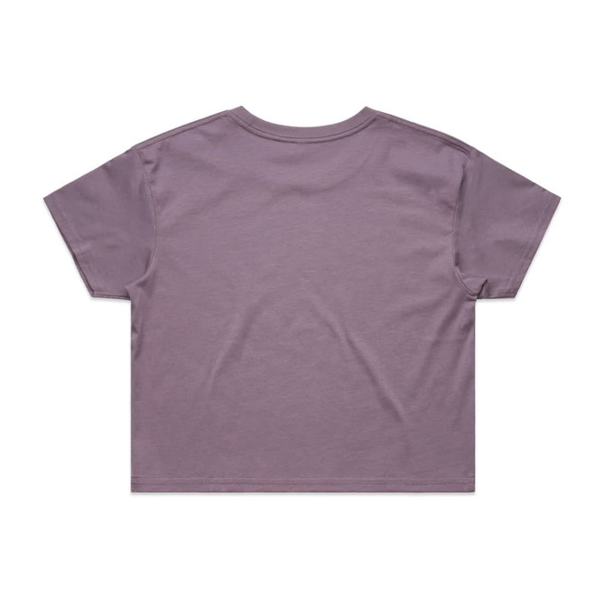A cropped t-shirt in a muted lavender shade, featuring short sleeves and a simple design. It includes a logo on the label.