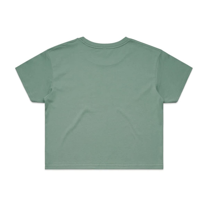 A mint green crop tee with a relaxed fit and a simple design, featuring a logo on the back.