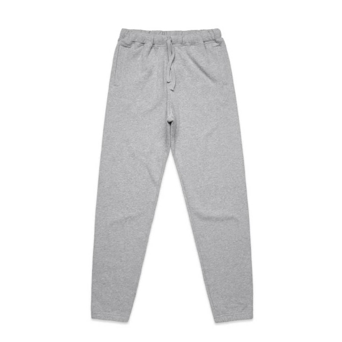 A pair of grey track pants with an elastic waistband and drawstring detail. The fabric appears soft and comfortable.