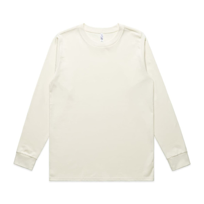 A long-sleeve t-shirt in a light cream colour, featuring a plain design and a logo on the neckline.