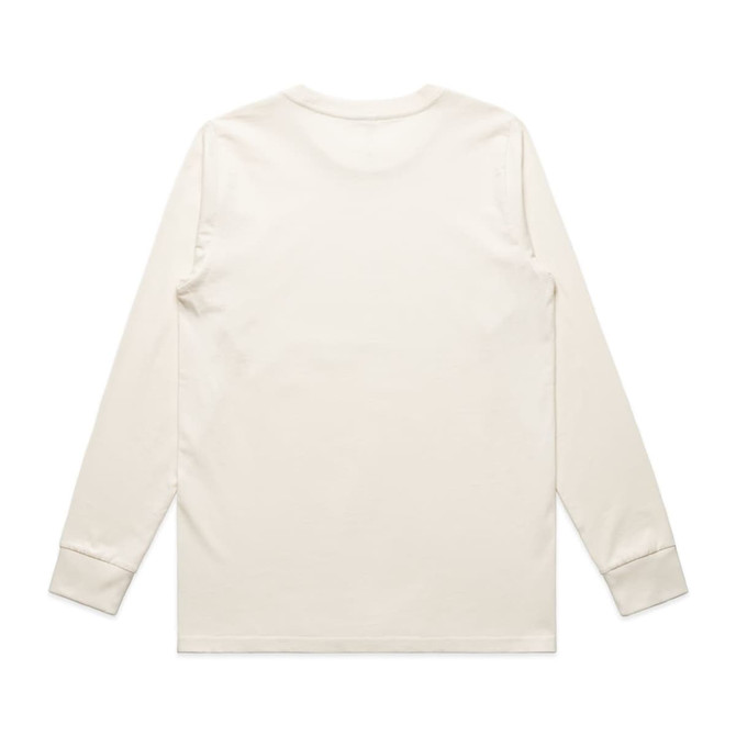 A long-sleeve tee in a light cream colour with a simple design and fitted cuffs. Features a logo on the back.