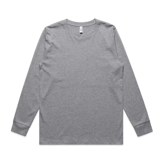 A long-sleeved grey T-shirt with a crew neck and a brand logo on the label.