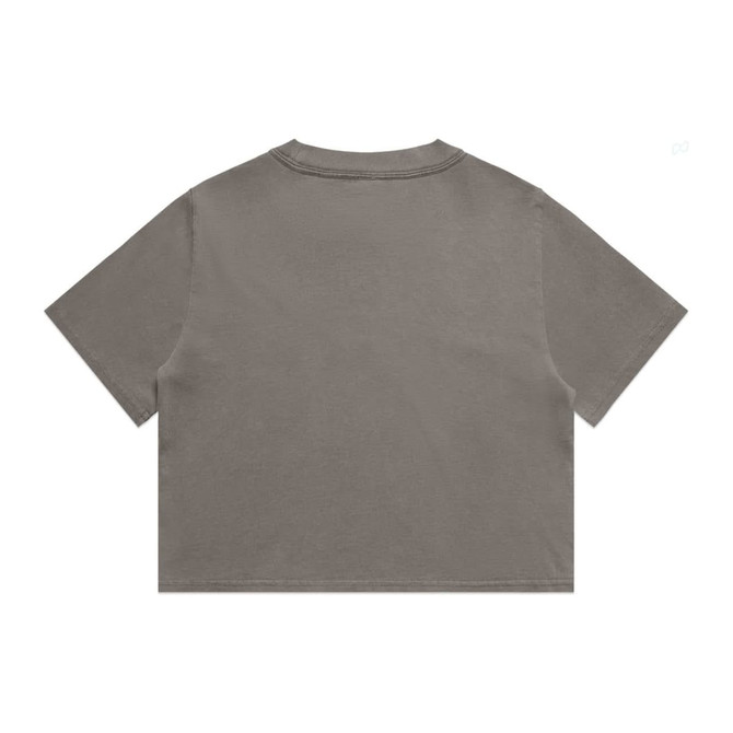 A heavy faded crop tee in a warm grey colour with a simple design and short sleeves. The shirt features a logo.