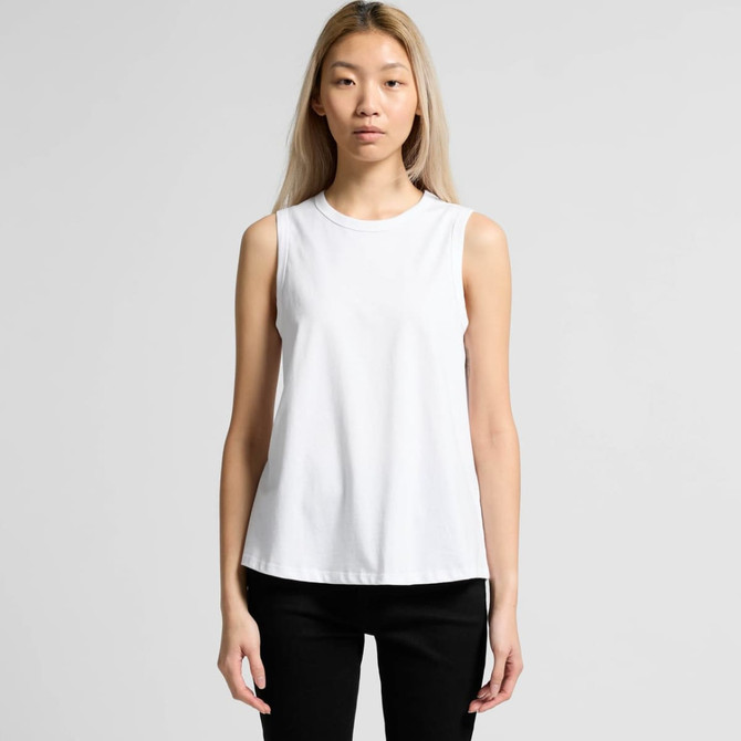 A sleeveless white tank top with a relaxed fit, featuring a subtle logo branding.