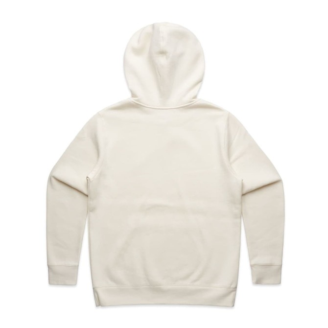 A cream-coloured hoodie featuring a hood and long sleeves, with a smooth back design and a branding logo.