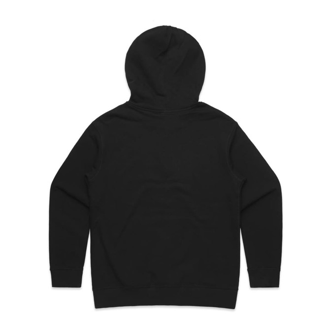 A black hoodie with a hood and long sleeves, featuring a plain back and fitted cuffs.