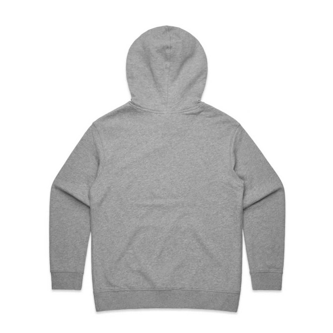 A grey hoodie with a hood, featuring long sleeves and a simple design. It has a logo on the back.