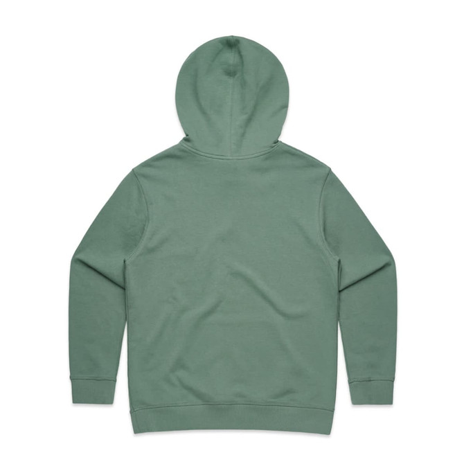 A green hoodie with a hood and long sleeves, featuring a brand logo on the back.