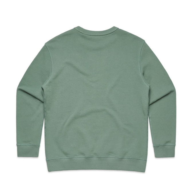 A green crew jumper featuring a plain back design and long sleeves. The garment has a logo.
