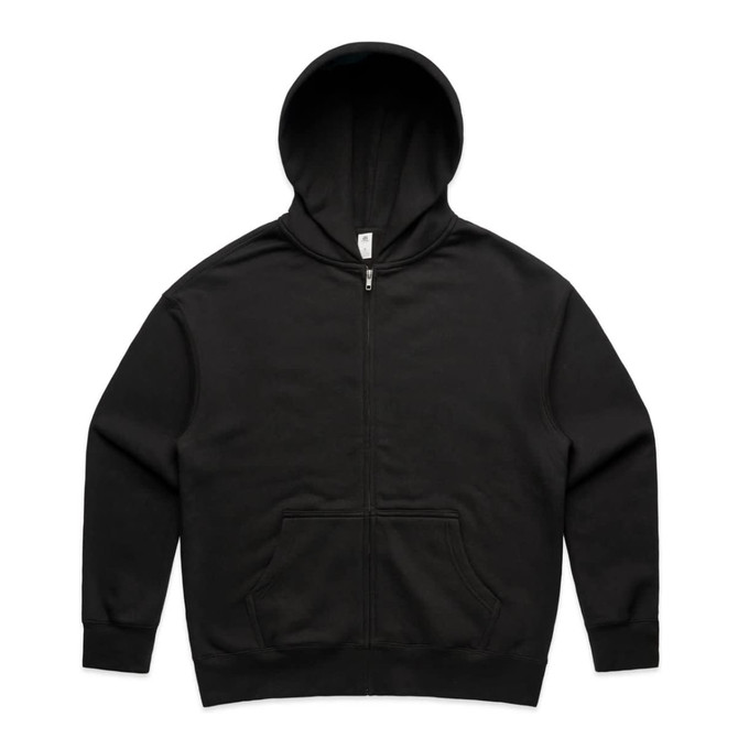 A black zip-up hoodie featuring a front pocket and a hood, with a logo on the garment.