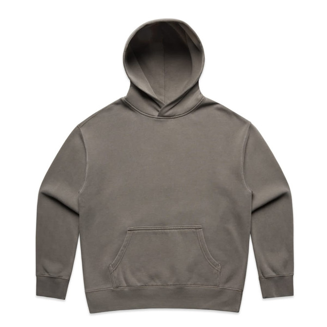 A faded olive green hoodie with a front pouch pocket and a hood, featuring a logo.