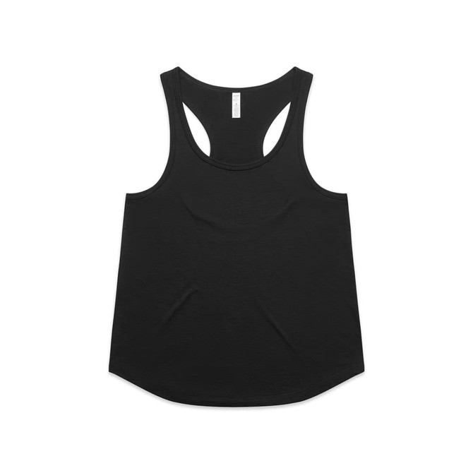 A black racerback tank top with a rounded hem and a logo on the back.