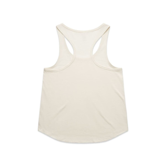 A light cream racerback tank top featuring a rounded hem and a logo tag.