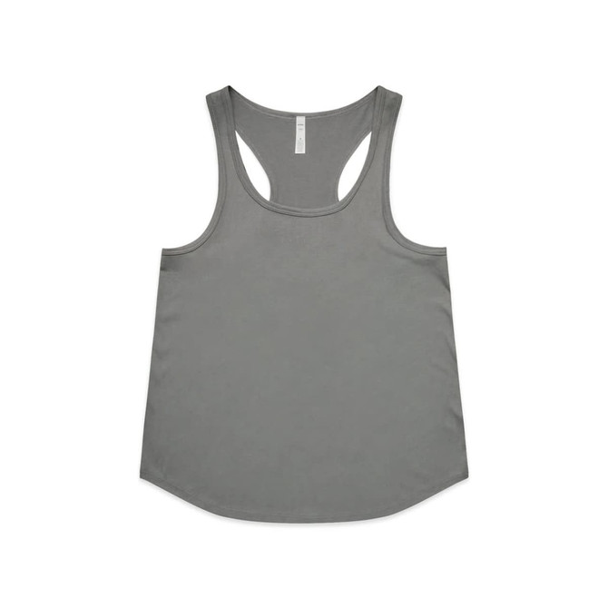 A grey racerback tank top with a simple design and a logo. Suitable for active wear.