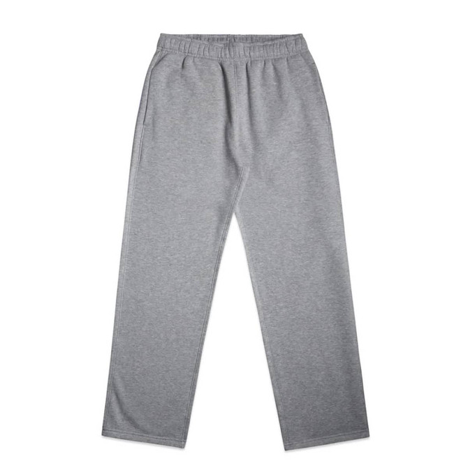 A pair of grey track pants with an elastic waistband and two side pockets, featuring a brand logo.
